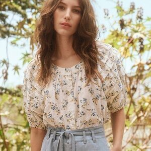 THE GREAT. The Carriage pintucked Floral Cotton-voile Puff Sleeve Blouse